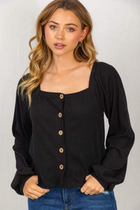 black long sleeve button front with tie back shirt