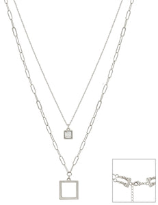 Matte Silver Open Square with Rhinestone necklace