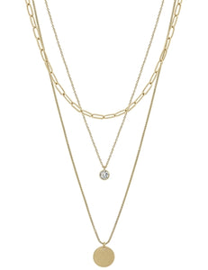 Matte Gold Chain, Crystal, and Circle 16"-18" Necklace