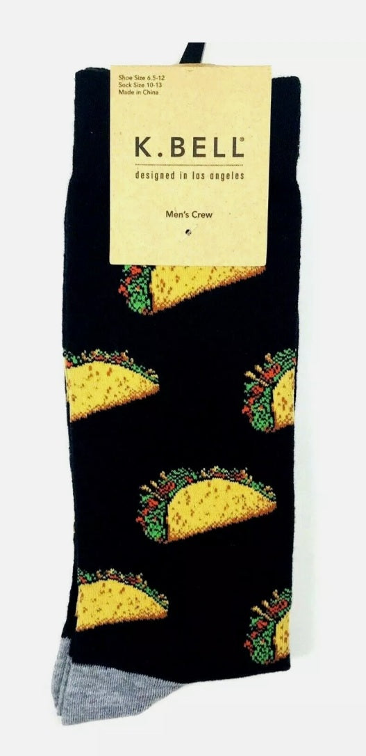 K. Bell Men Black Grey Crew Cotton Knit Taco Print Graphic Casual Socks Sz 10-13