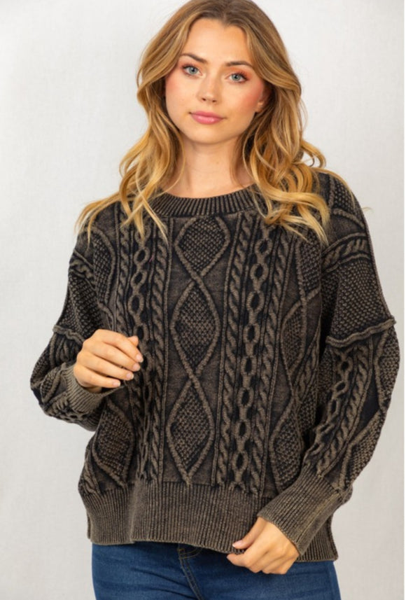 black- long sleeved mineral washed cable knit sweater