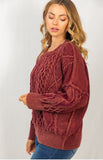 burgandy- long sleeved mineral washed cable knit sweater
