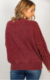 burgandy- long sleeved mineral washed cable knit sweater