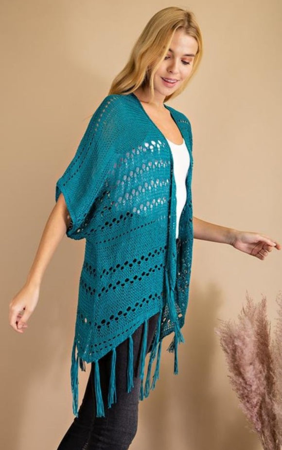 teal - open front crocheted fringe cardigan