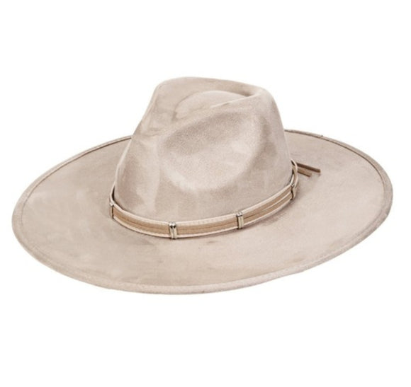 taupe colored wide brim fedora hat