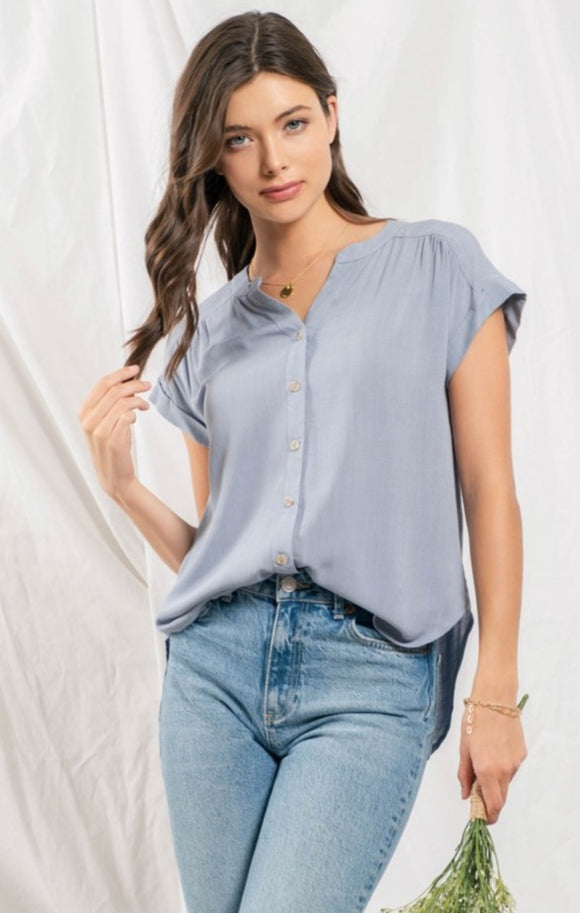Rolled sleeve woven top- dusty blue
