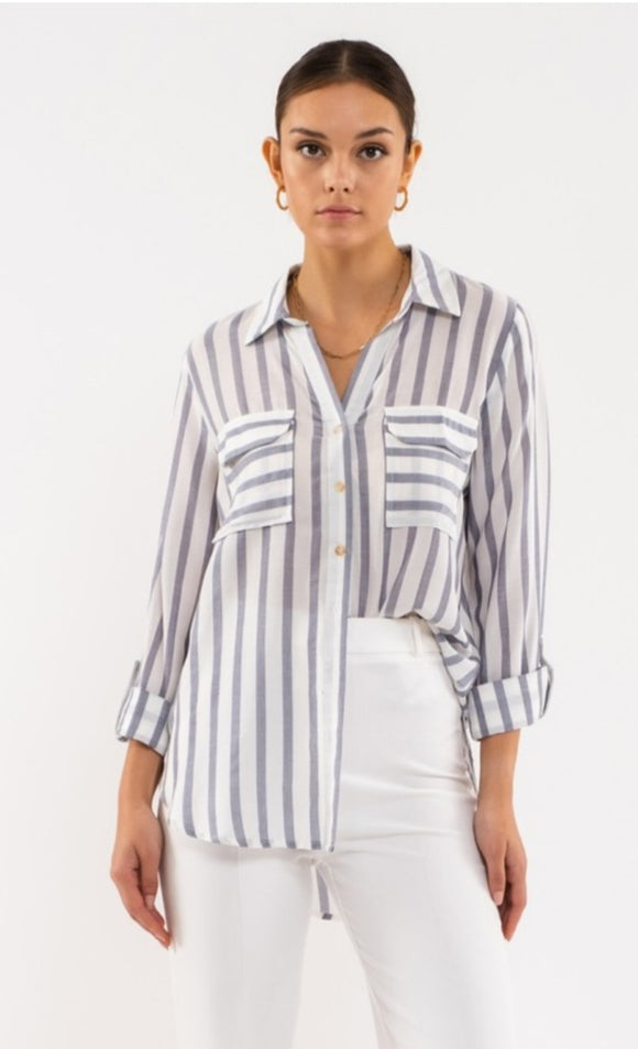 long sleeve navy stripped button top