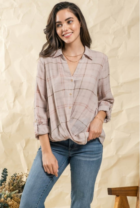 button wrapped woven top- brown
