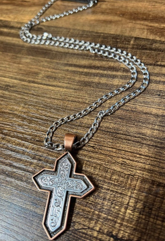 Mens Copper and Silver Cross Necklace 32167