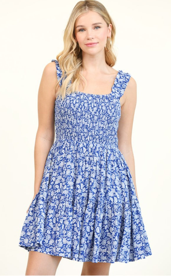 blue floral print smocked bodice dress with full lining