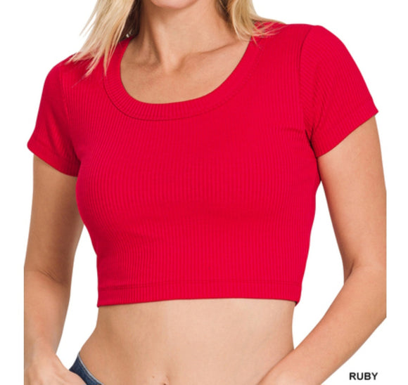 ribbed short sleeve scoop neck top- ruby