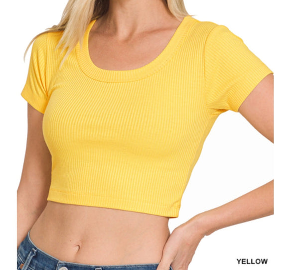 ribbed short sleeve scoop neck top- yellow