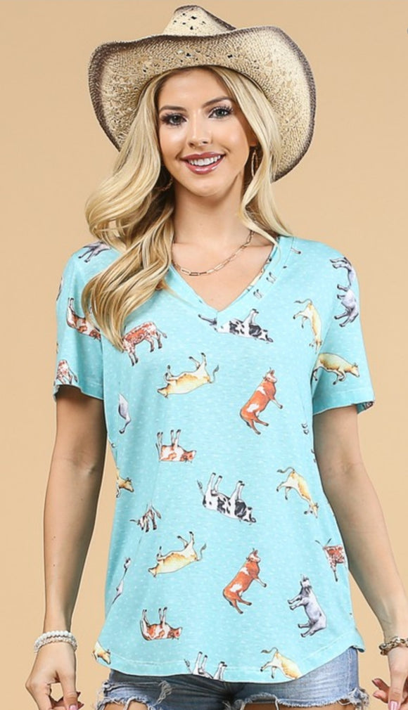 teal cow graphic t