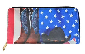 american flag with boots and hat printed wallet