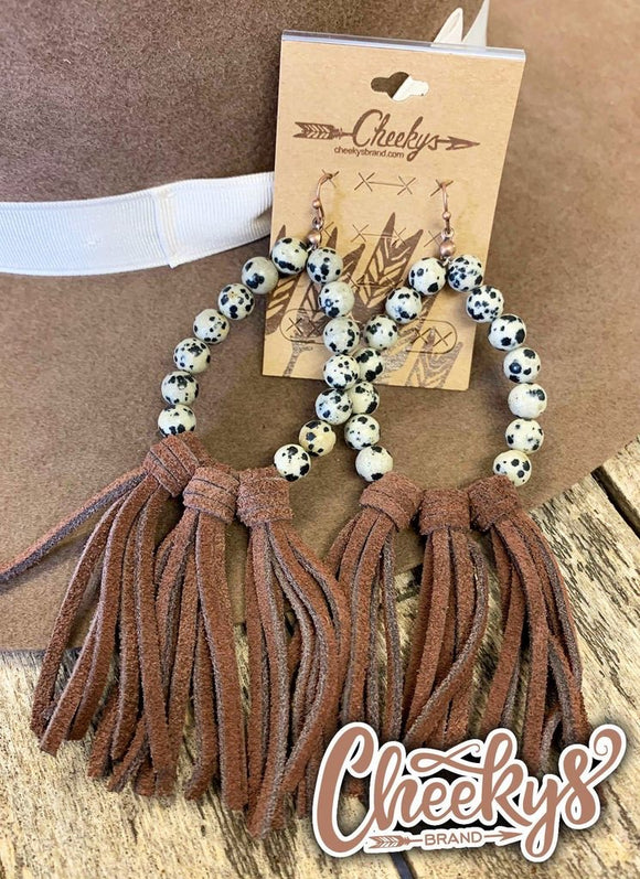 Willian leather tassel earring  cow print beads