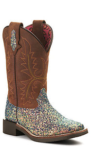 Smoky Mountain Girls Crazy Horse Brown and Mermaid Glitter Wide Square Toe Western Boot 3077