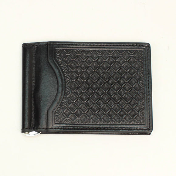 Black Diamond Weave Embossed Leather Bi-Fold Money Clip.