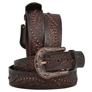 ngel Ranch Western Womens Belt Leather Embossed Feather Studded Brown DA6164