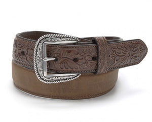 Ariat greased brown cowboy belt with western embossed tabs