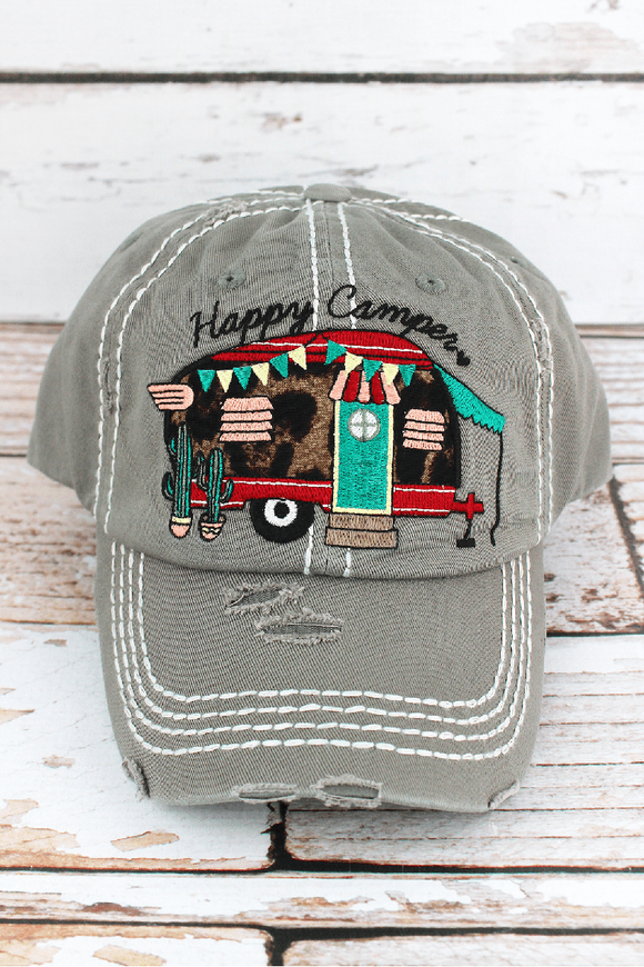 DISTRESSED STEEL GRAY WITH LEOPARD 'HAPPY CAMPER' CAP
