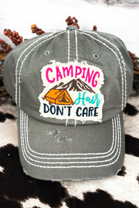 DISTRESSED STEEL GRAY 'CAMPING HAIR DON'T CARE' CAP