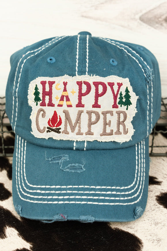 DISTRESSED BLUE 'HAPPY CAMPER' CAP