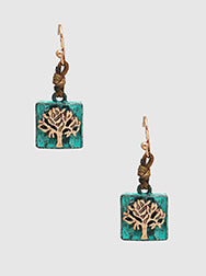 gold and patina earring with trees