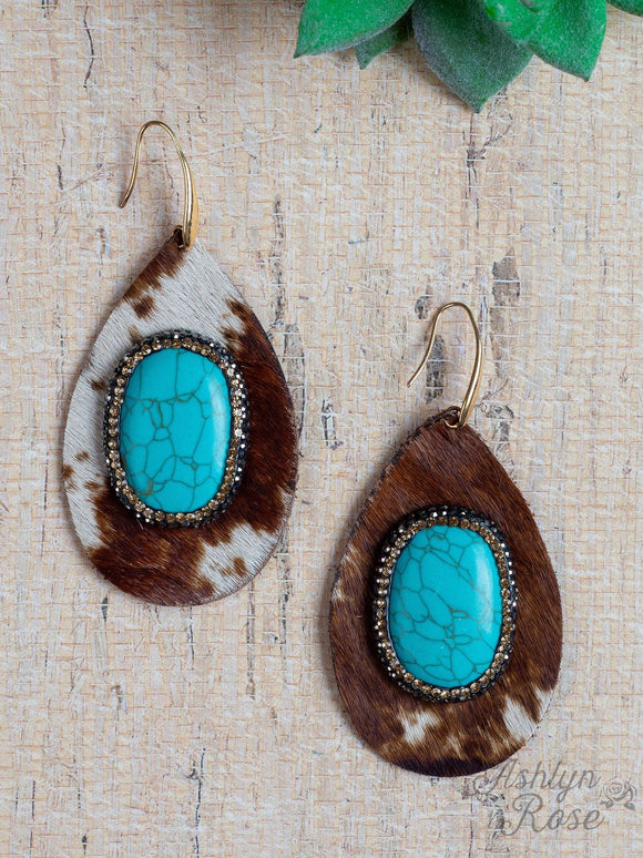 CHASING YOU TEARDROP COWHIDE EARRINGS WITH TURQUOISE STONE, BROWN